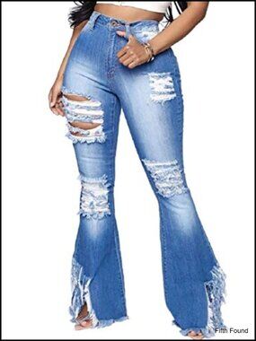Women's Skinny Ripped Bell Bottom Jeans High Rise Flared Denim Pants
